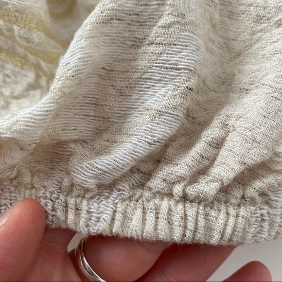 NWT Pearl & Caviar Crop Ruffle Top Woven Cotton Oatmeal Gold Metallic Striped S - Picture 9 of 16